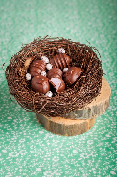 Easter Egg Shaped Chocolate Candies in a Nest — Stock Photo, Image