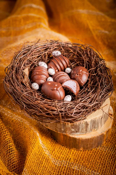 Easter Egg Shaped Chocolate Candies in a Nest — Stock Photo, Image