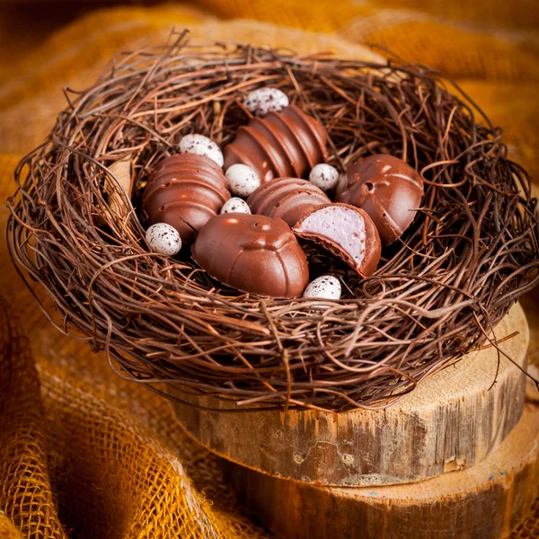 Πασχαλινό αυγό σε σχήμα καραμέλες από σοκολάτα σε μια φωλιά — Φωτογραφία Αρχείου