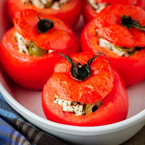 Cheese and Green Olive Stuffed Tomatoes — Stock Photo, Image