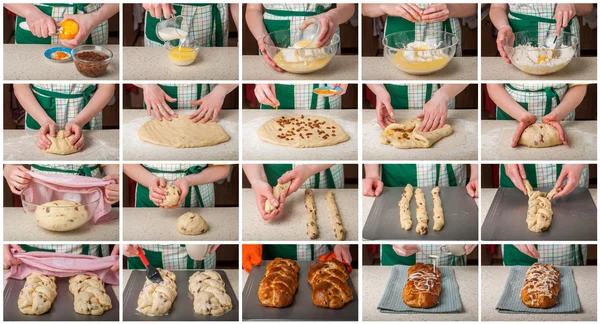 Шаг за шагом коллаж приготовления плетеного сладкого хлеба — стоковое фото