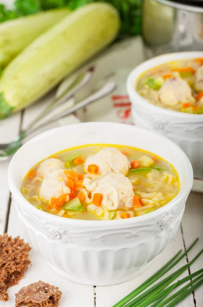 Summer Soup with Zucchini, Pasta and Meatballs — Stock Photo, Image