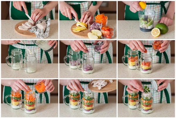 Een Collage van de stap voor stap van het maken van Rainbow picknick salade in een Mason — Stockfoto