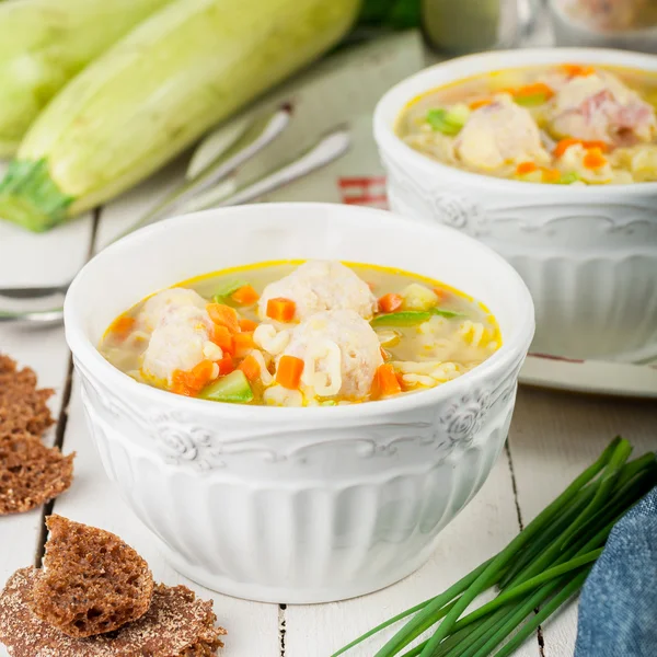 Summer Soup with Zucchini, Pasta and Meatballs — Stock Photo, Image