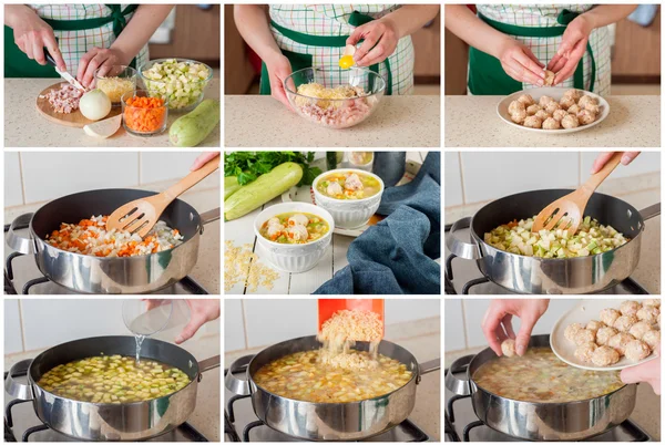 Eine schrittweise Collage der Zubereitung von Suppe mit Zucchini, Nudeln und — Stockfoto