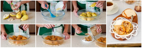 A Step by Step Collage of Making Roast Pears with Granola — Stock Photo, Image