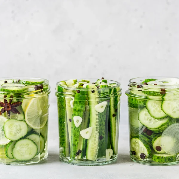 Variaty Van Ingeblikte Komkommers Met Kruiden Knoflook Citroen Vierkant Kopieer — Stockfoto