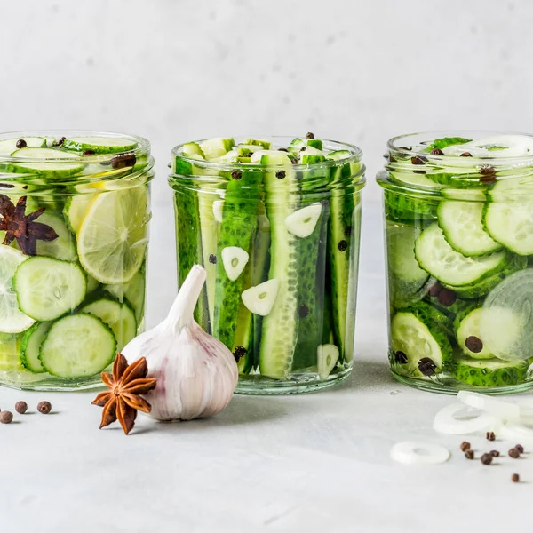 Variaty Canned Cucumbers Spices Garlic Onion Lemon Square — Stock Photo, Image