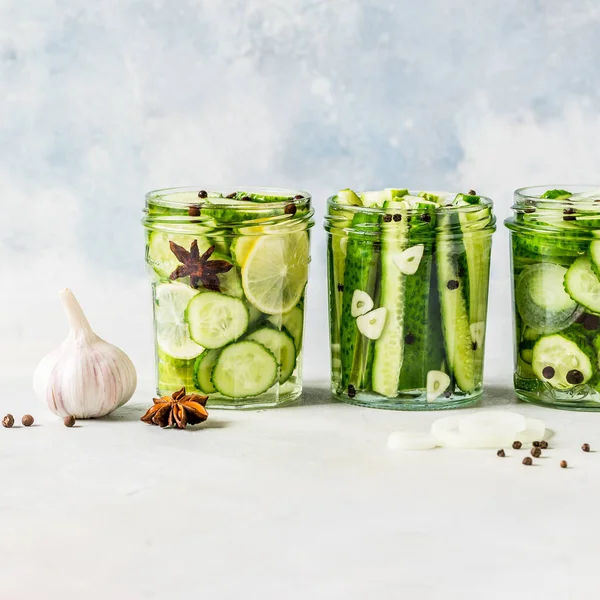 Variaty Canned Cucumbers Spices Czosnek Cebula Lemon Kwadrat Kopiuj Miejsce — Zdjęcie stockowe