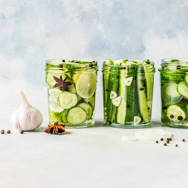 Variation Von Dosengurken Mit Gewürzen Knoblauch Zwiebel Und Zitrone Quadratisch — Stockfoto