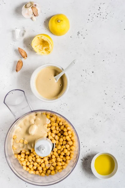 Hummus Ingredients Houmous Being Made Food Processor Copy Space Your — Stock Photo, Image