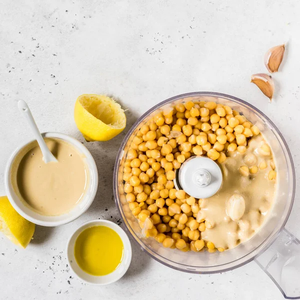 Hummus Ingredientes Houmous Ser Feito Processador Alimentos Quadrado — Fotografia de Stock