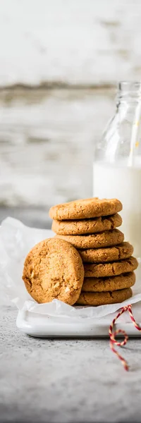 Stack Cookies Bottle Milk Banner Copy Space Your Text — Stock Photo, Image