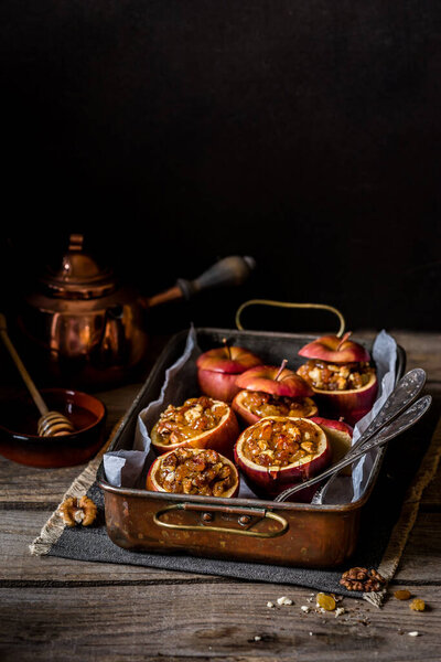 Baked Apples Stuffed with Walnuts and Sultanas, copy space for your text