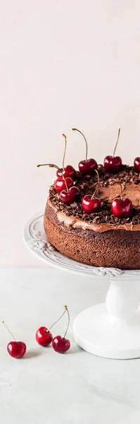 Σοκολάτα Κέικ Μια Βάση Κέικ Διακοσμημένα Ροκανίδια Σοκολάτας Και Γλυκά — Φωτογραφία Αρχείου