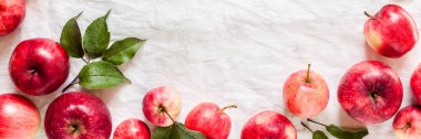 Yapraklı Olgun Kırmızı Elmalar, Kırışık Beyaz Kumaş Arkaplan, Pankart, metin alanınız için kopyalama alanı