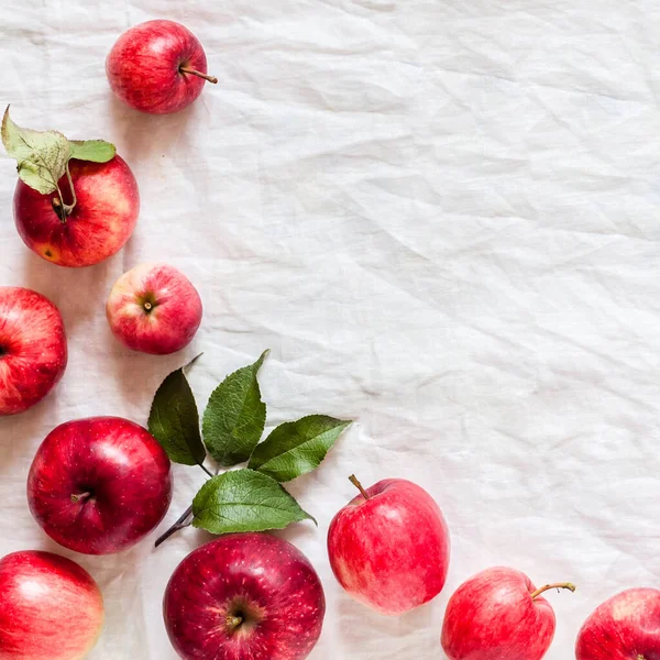 Pommes Rouges Mûres Avec Feuilles Fond Tissu Blanc Ridé Carré — Photo