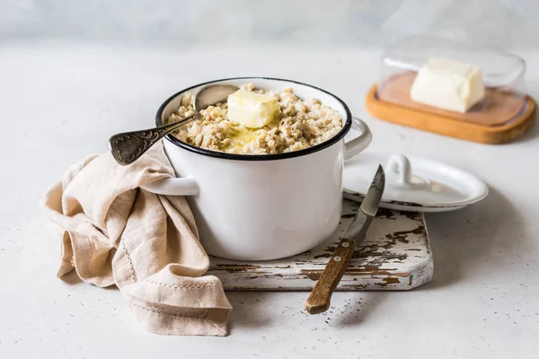 Old Fashioned Rolled Oat Porridge Melting Butter Sauce Pan — Stock Photo, Image
