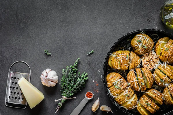 Roasted Paprika Thyme Hasselback Potatoes Copy Space Your Text — Stock Photo, Image