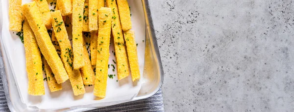 Polenta Chips Chives Banner Copy Space Your Text — Stock Photo, Image