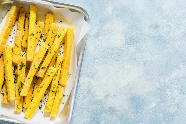 Polenta Chips Chives Copy Space Your Text — Stock Photo, Image