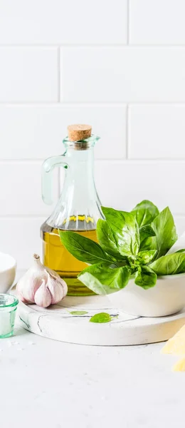 Pesto Zutaten Frisches Basilikum Pinienkerne Olivenöl Und Käse Banner Kopierplatz — Stockfoto