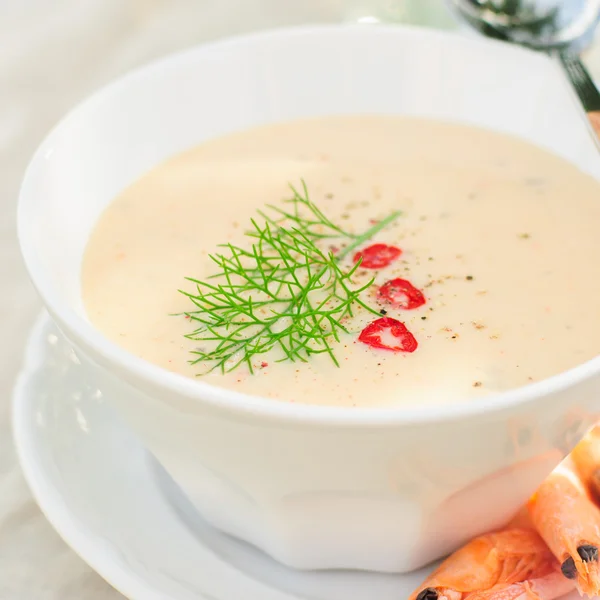 Cheese Shrimp Cream Soup in a White Bowl — Stock Photo, Image