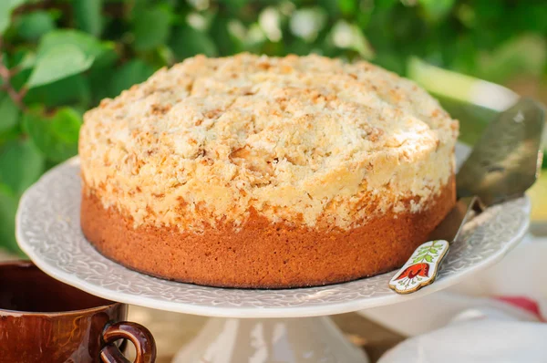 Pastel de frutas Streusel redondo en un soporte de pastel — Foto de Stock