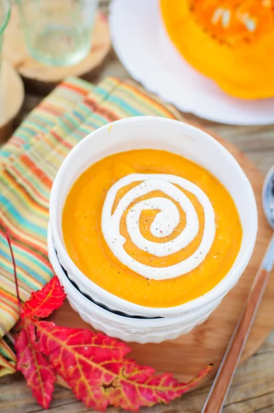 Pumpkin Cream Soup with Sour Cream in a White Bowl — Stock Photo, Image