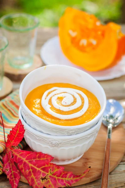 Pumpkin Cream Soup with Sour Cream in a White Bowl — Stock Photo, Image