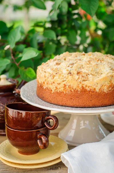 Ronde van de cake van het fruit van de streusel op een taart stand — Stockfoto