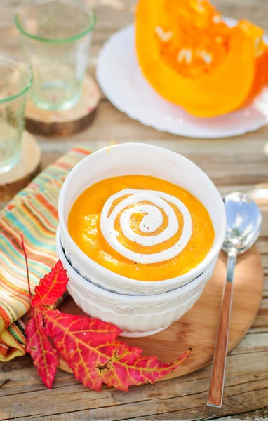 Pumpkin Cream Soup with Sour Cream in a White Bowl — Stock Photo, Image