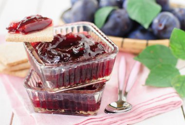 Plum Jam in Clear Glass Square Bowls clipart