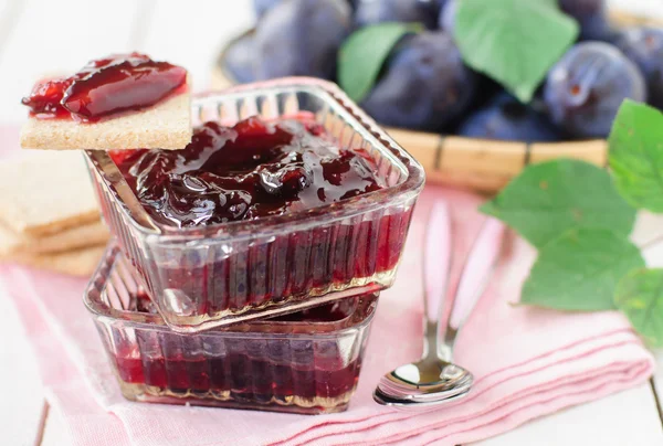 Plum Jam in Clear Glass Square Bowls — Stock Photo, Image