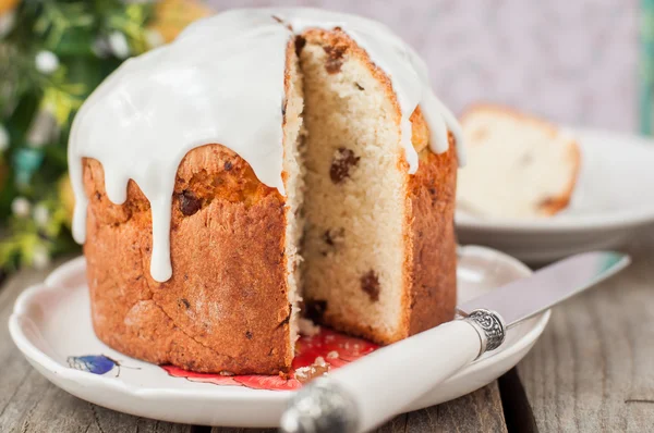 Rustic Style Kulich, Russian Sweet Easter Bread Topped with Suga — Stock Photo, Image