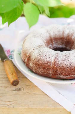 Rustik tarzı kek ile krema şeker serpilir