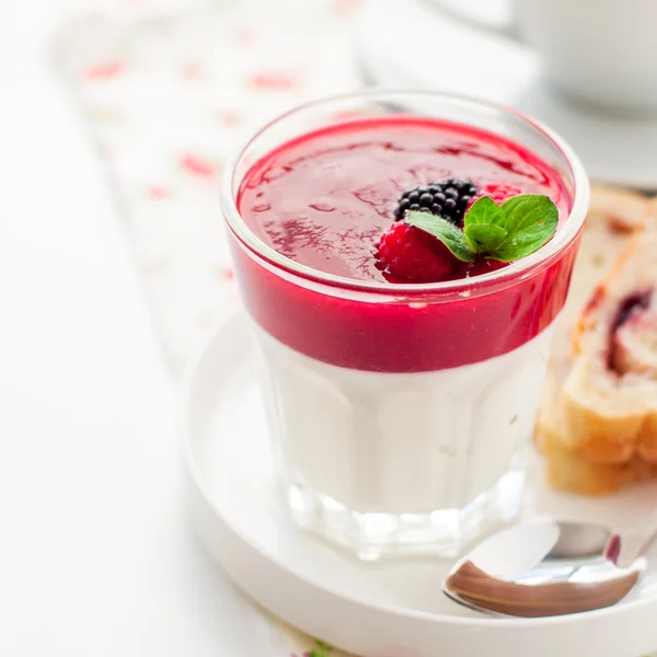 Greek Yogurt with Berry Sauce and Slices of Sweet Bread — Stock Photo, Image