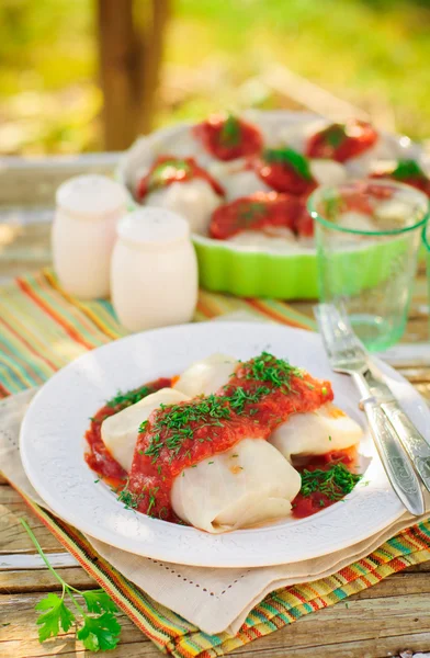 Капустные роллы с томатным соусом и укропом — стоковое фото