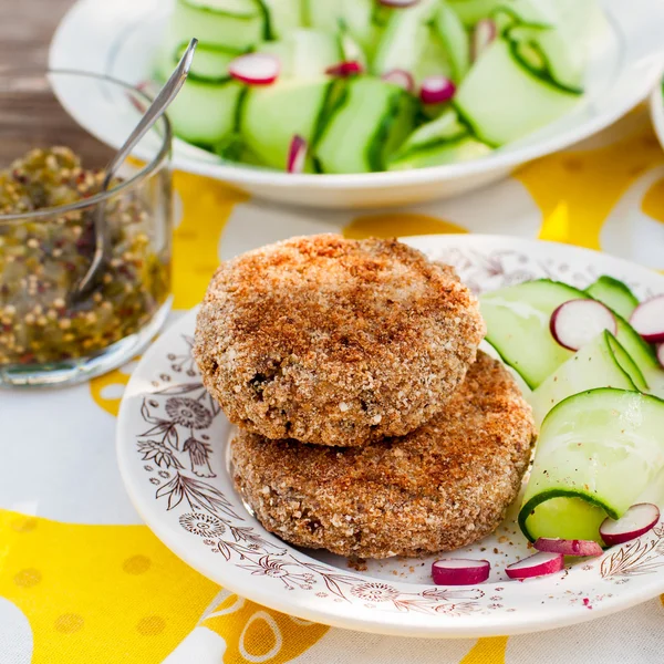 Potato and Pork Patties with Cucumber and Radish Salad — Stock Photo, Image