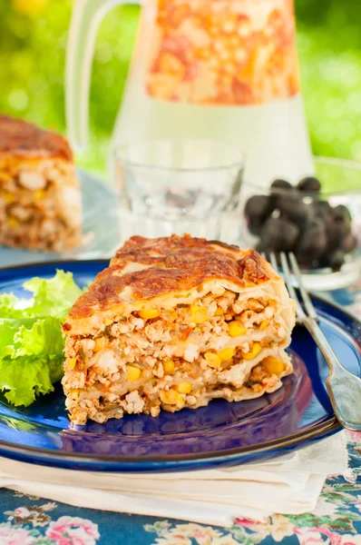 A Piece of Mexican Chicken and Corn Tortilla Pie — Stock Photo, Image