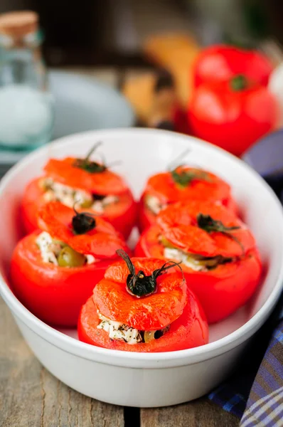 Cheese and Green Olive Stuffed Tomatoes — Stock Photo, Image