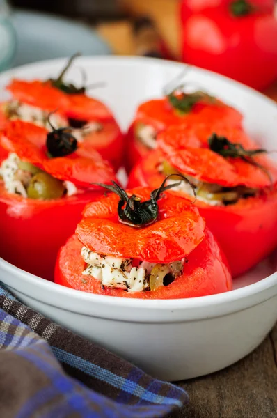 Cheese and Green Olive Stuffed Tomatoes — Stock Photo, Image