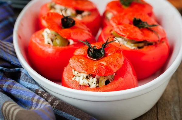 Cheese and Green Olive Stuffed Tomatoes — Stock Photo, Image