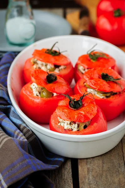 Cheese and Green Olive Stuffed Tomatoes — Stock Photo, Image