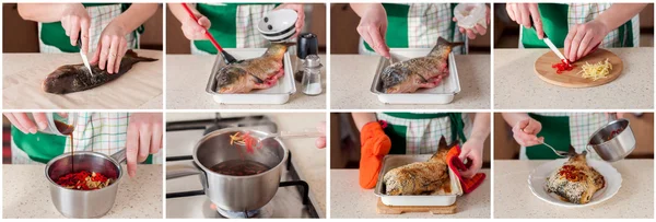 A Step by Step Collage of Making Asian Style Baked Carp — Stock Photo, Image