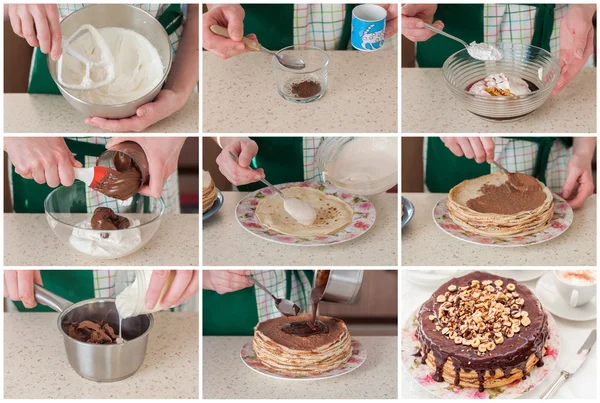 A Step by Step Collage of Making Coffee and Chocolate Crepe Cake — Stock Photo, Image