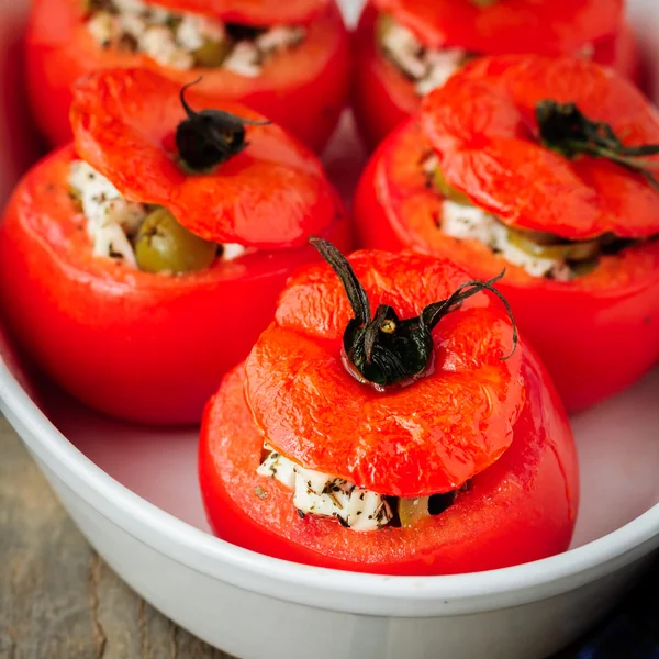 Cheese and Green Olive Stuffed Tomatoes — Stock Photo, Image