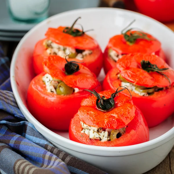 Cheese and Green Olive Stuffed Tomatoes — Stock Photo, Image