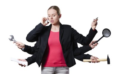 Sarışın kadın multitasking beyaz bir arka plan üzerinde