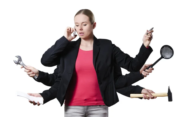 Blonde woman multitasking on a white background — Stock Photo, Image